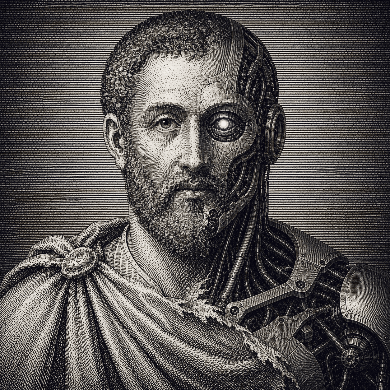 Galen agent portrait, half classical physician and half machine.