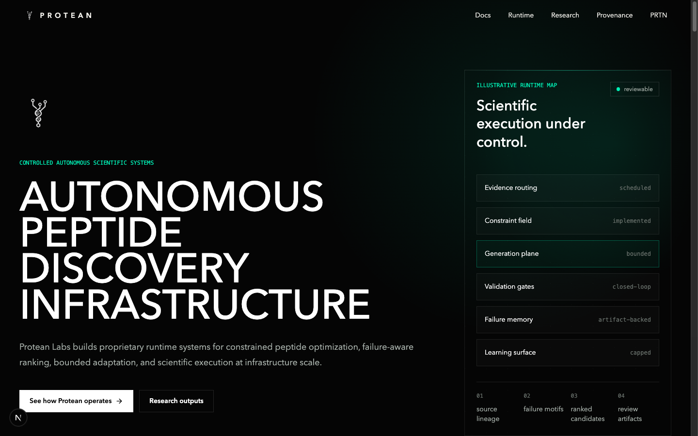 Protean Labs homepage hero — autonomous peptide discovery infrastructure.
