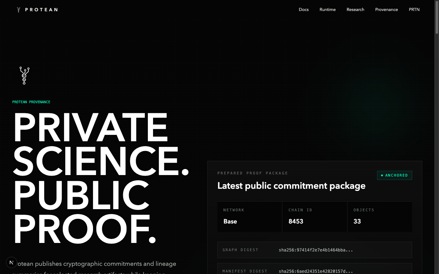 /provenance page — Private science, public proof.